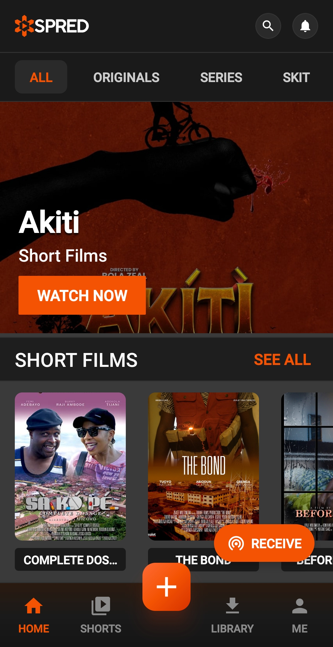 SPRED home screen showing Short Films and Live